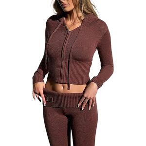 SMIMGO Womens Summer Knitted 2 Piece Outfits Y2K Zip Up Knitted Crop Top Bottom Two Piece Set Tracksuit Loungewear Cute Knitted Hooded Sweatshirts with Trousers (Color : Brown, Size : L)