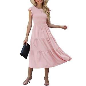 GRECERELLE Womens Summer Maxi Dress - Casual Midi Smocked Ruffle Sleeve Elastic Waist Crew Neck Tiered Cocktail Long Dresses for Ladies (Pink, M)