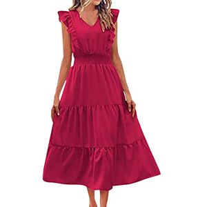 Generic Women's Ruffle Trim Sleeveless V-Neck Maxi Long Dress Elastic Waist Pleated Swing Aline Elegant Summer Beach Dresses Maxi Dresses Summer African Dresses, red, L