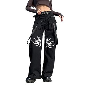 Madger Women Y2K High Waisted Jeans Loose Wide Leg Denim Trousers Graphic Print Baggy Cargo Pants Gothic Dark Punk Streetwear (U-Black, M)