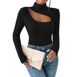 GORGLITTER Women's Cut Out High Neck Tee Ribbed Knit T Shirt Long Sleeve Fitted Tops Black M