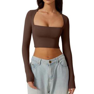 Yileegoo Women's Y2K Slim Fit Crop Tops Casual Solid Color Off Shoulder Crew Neck Long Sleeve Tight T-Shirt Basic Blouse Tee Tops (A5 Coffee, L)