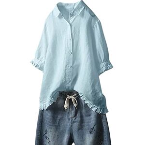 White Frilly Blouses For Women Uk Linen Tops for Women UK Plus Size 22-24 Plain Cotton Shirts 3/4 Sleeve Lagenlook T-Shirts V Neck Button Down Blouse Casual Loose Tee Top Summer Solid Color Tunic Tops Sale Clearance Blue