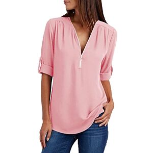 Summer Tops for Women UK Clearance Ladies Chiffon Blouse Long Sleeve T Shirt Zip V Neck Plain Tunic Top Rollable Long Length Longline Tee Blouses & Shirts Size 8-16