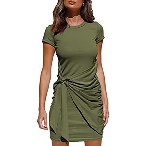 QKEPCY Women's Summer Dress Short Sleeve Round Neck Light Dress Midle Long Solid Color Knee Long Dress Can be Worn for Many Occasions Pleated Bow Waistband Irregular Dress (Green L)