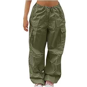 Womens Loose Baggy Cargo Trousers with Pockets Low Waist Y2K Trousers Casual Wide Leg Parachute Pants with Drawstring Street Style Overalls Clearance Green