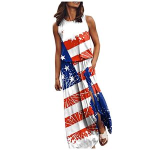 FUMOOD USA Flag Patrotism Maxi Dress fot Women American Flag Graphic Elegant Crew Neck Sleeveless Slim Fit Split Boho Work Travel Lounge Summer Long Dress B-White