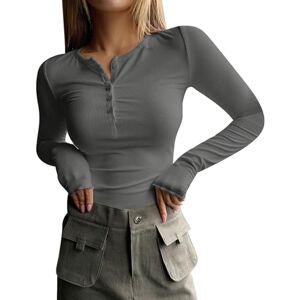 ClodeEU Women Ribbed Tops V Neck Long Sleeve Plain Blouse Button Down Tunic Casual Shirts for Vacation Travel Daily Grey