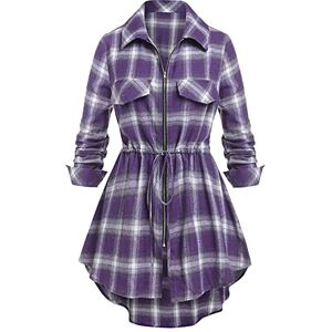 Women’s Jumper Dresses Plaid Dress Long Sleeve Tartan Cocktail Dresses Flannel Ruched Dresses Zip Down Shirt Dresses Casual Fall Dress Tunic Shirt Mini Dress Purple S