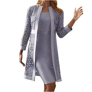 Haolei Wedding Guest Dresses for Women UK Sale Clearance Two Piece Mother of The Bride Outfits Petite Lace Hollow Out Long Sleeve Cardigan + Sleeveless Dress Summer Elegant Party Casual Ladies Dresses Gray