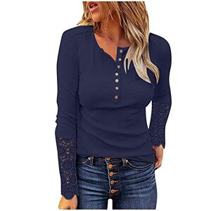 BUKINIE Womens Long Sleeve Tops Front Button Up Stretch Henley Lace Patchwork Tunic Blouse Ribbed Knit Casual Slim Fit Blouses Navy