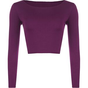 New Womens Crop Long Sleeve T Shirt Ladies Short Plain Round Neck Top 8 - 14 (M/L (12-14), purple)