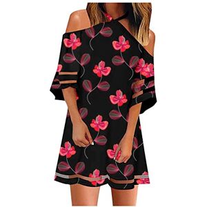 iHENGH Cut Out Mini Dress for Women UK, Ladies Halter Neck Oblique Cold Shoulder Floral Print A-Line Ruffle Dress, Summer Wave Hem Midi Sleeve Evening Party Beach Loose Pleated Skirt(A-Red,XXL)