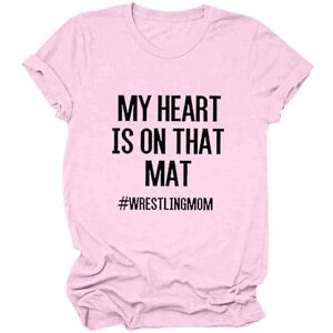 PRiME Angxiwan Shirts for Women UK Women's Casual Short Sleeved Round Neck My Heart is On That Mat Writslingmom Letter Printed Top T Shirt Bad Shirts for Stag Do Pink