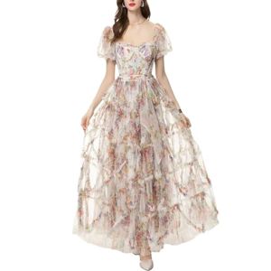 Generic Women's Summe Print Mesh Long Dress Lace-Up Ruffles Party Backless Dress