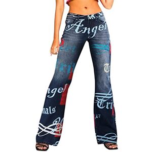 KaloryWee Summer Stylish Alphabet Graffiti Jeans for Women Casual Bootcut Jeans Mid Rise Wide Leg Denim Jeans Ladies Flare Jeans Blue