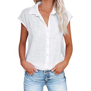 Yolimok Womens Summer Tops Cap Sleeve Linen Shirts Casual Button Down Cotton Tshirt Tops V Neck Blouses Loose Collared Shirt Oversized Tees Dressy Blouses Office Work Blouse Plus Size White