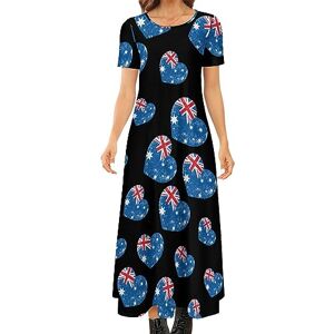 Songting Australia Retro Heart Flag Women's Summer Casual Short Sleeve Maxi Dress Crew Neck Printed Long Dresses XS