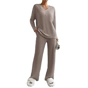 SotRong Ribbed Loungewear Sets for Women Loose Fit Pyjama Sets Casual Track Suits Ladies Activewear Sets Plain T Shirt Elastic Waist Wide Leg Trousers Khaki S