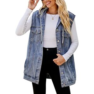 FEOYA Women's Oversized Denim Gilet Distressed Baggy Hooded Denim Waistcoat Button Down Sleeveless Jean Jacket Cotton Loose Fit Lapel Vest with Hood Pockets Turn Down Collar Spring Autumn 06 Blue S