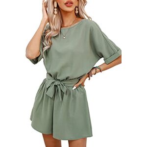 CUPSHE Women's Romper Boat Neck Casual Short Sleeves Jumpsuit Empire Waist Belt with Back Cutout Green XL