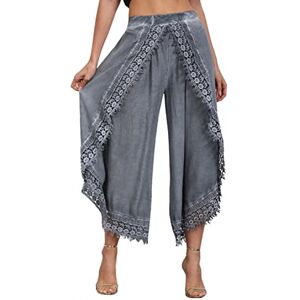 Buetory Summer Boho Solid Color Layered Wide Leg Lounge Pants Side Split Elastic Waist Loose Casual Beach Palazzo Pant Capris(Grey,X-Large)