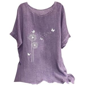 Linen Tops For Women Uk Clearance Sale Deals of The Day Linen Tops for Women UK Plus Size Shirts 2024 Summer Short Sleeve Crewneck Blouses Funny Daisy Dandelion Butterfly Print T-Shirts Ladies Elegant Loose Fit Cheesecloth Clothes