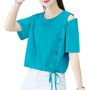 Gyios t shirt Tops Woman Solid Short Sleeve Cotton Baggy T Shirt For Women Summer Outfit Off Shoulder Fashion Women's Clothing-blue T-shirt-m