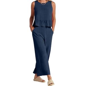 LCDIUDIU Summer Cotton Linen Wide Leg Pants Sets Women 2 Piece Outfits, Green Crew Neck Sleeveless Vest Button Back Cropped Top Casual Stretch Straight Trousers Suits Matching Sets Navy Blue L