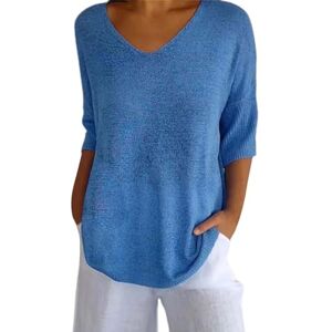 Generic V Neck T Shirts for Women UK Ladies 3/4 Sleeve Solid Colour Summer Tops Casual Loose Fit Tunics Elegant Dressy Blouse Blue