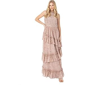 Maya Deluxe Womens Maxi Dress Ladies Embellished Ruffle Sleeveless Tie Back Dress for Wedding Guest Bridesmaid Prom Evening Occasion Taupe Blush Size 28 UK