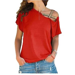 ASIYAN Tshirt Women's Short Sleeve Summer Off Shoulder Shirt Soft Tee Shirt Casual Irregular Short Sleeve T Shirt Shirts Womens Casual (Color : Red, Size : XXL)