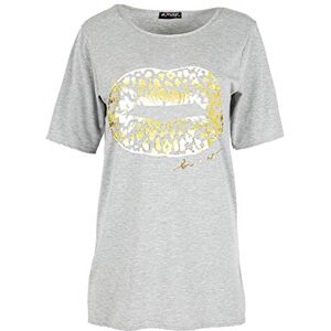 Fashion Star Womens Printed Baggy Stripes Short Sleeve Oversized T Shirt Top Plus Size (UK 20/22) Gold Foil Lips Grey