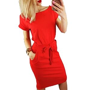 Generic Women's Summer Short Sleeve Crewneck Dress Basic Solid Tie Waist Dresses Pockets Elegant Casual Pencil Dress with Belt, Red 1, XX-Large