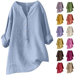 Lushaasd Womens Tops Linen Tops for Women UK Clearance Casual Loose Long Sleeve T-Shirt V Neck Button-Down Shirt Tunic Tops Solid Color Elegant Tshirt Blouses Dailywear