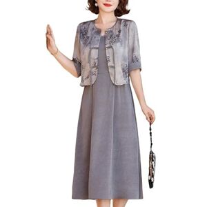 LCDIUDIU Womens 2 Piece Outfit Elegant Dresses, Green Crew Neck Leaf Print Button Cardigan Jacket Top Sleeveless Pleated Sundress Co Ord Sets Summer Elegant Wedding Guests Dress Grey S