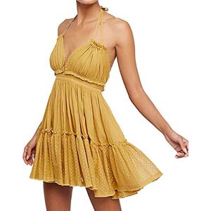 ForeMode Summer Deep V Neck Bohemian Women Mini Short Dress Backless Beach Boho Dress, Yellow, Medium