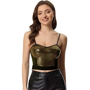 Allegra K Sequined Crop Top for Women Spaghetti Strap Deep V Party Top Gold L
