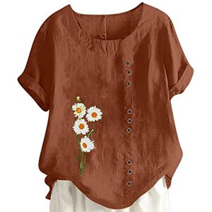 Buy 2 Get 5% Off AMhomely Short Sleeve Tunic Tops For Women Uk Plus Size Cotton Linen Tunic Tops For Women Uk Daisy Floral Tunic Tops Blouse Elegant Button Shirts Casual Oversized Tunic Tops Office Work Coffee XL