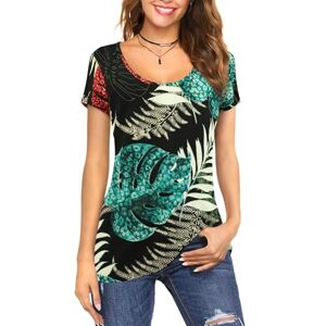 Florboom Women's T Shirts Long Line Tunics Short Sleeve Tunic Tops, Leaf Black Size 12-14