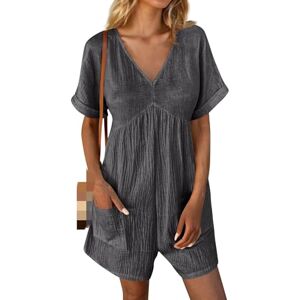 Semets Womens Short Sleeve Rompers Linen Textured V Neck Jumpsuit Summer Casual Loose Vacation Beach Outfits with Pockets (Dark Gray,S)