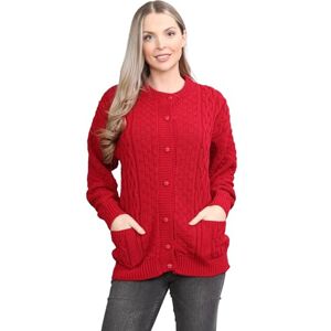 H&F Women’s Long Sleeve Matching Button Open Front Aran Knit Crew Neck Chunky Cable Knit Cardigan Lightweight Winter Grandad Jumper Cardigan 2 Side Pockets Ladies Top Size 8-22 (20-22, Red)