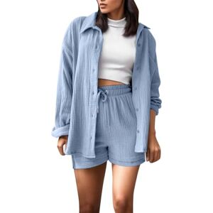 Generic Two-Piece Women's Summer Long Sleeve Blouse Shirt and Shorts Two Piece Sets Lightweight Breathable Leisure Suit Unusual T Shirt High Waist Shorts Beach Tunic Plain Aesthetic Shirt, Blue-A, L