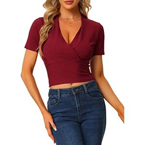 Allegra K Women's Ribbed Deep V Neck Short Sleeve Cross Wrap Crop Tops Red L