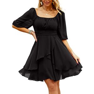 Beluring Ladies Summer Dress Puff Short Sleeve Elastic Waist Chiffon Short Mini Dress Black XXL