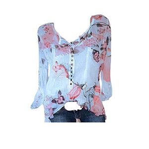 Cocil Women Casual Floral Printed Button Long Sleeve T-Shirt, Loose Plus Size Chiffon Irregular Hem Top Blouse(XL,Blue)