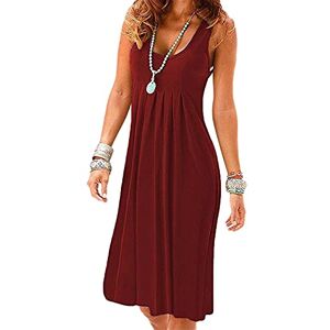 YMING Ladies Casual Summer Dresses Solid Color Pleated Dress Sleeveless Dress Wine Red XS