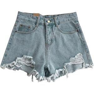 Fogcroll Denim Jeans Summer Women Shorts High Waist A-line Solid Color Ripped Button Zipper Closure Retro Pockets Slim Fit Above Knee Light Blue S