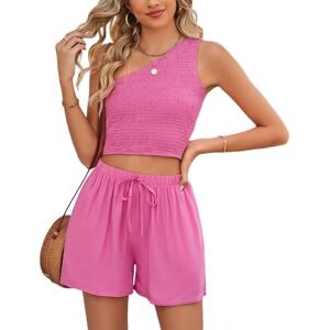 LCDIUDIU Womens Shorts Co Ord Sets Summer Sexy One Shoulder Tank Top, Rose Pink Elastic Slim Fit Backless Sleeveless Vest T-Shirt 2 Piece Outfit Lounge Wear Matching Sets For Holiday Beach Rose Pink