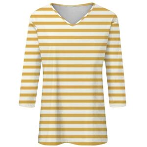 Clodeeu Ladies Striped Print Tops 3/4 Sleeve Crewneck T Shirts Summer Casual Blouse Tunic for Work Office Going Out Yellow